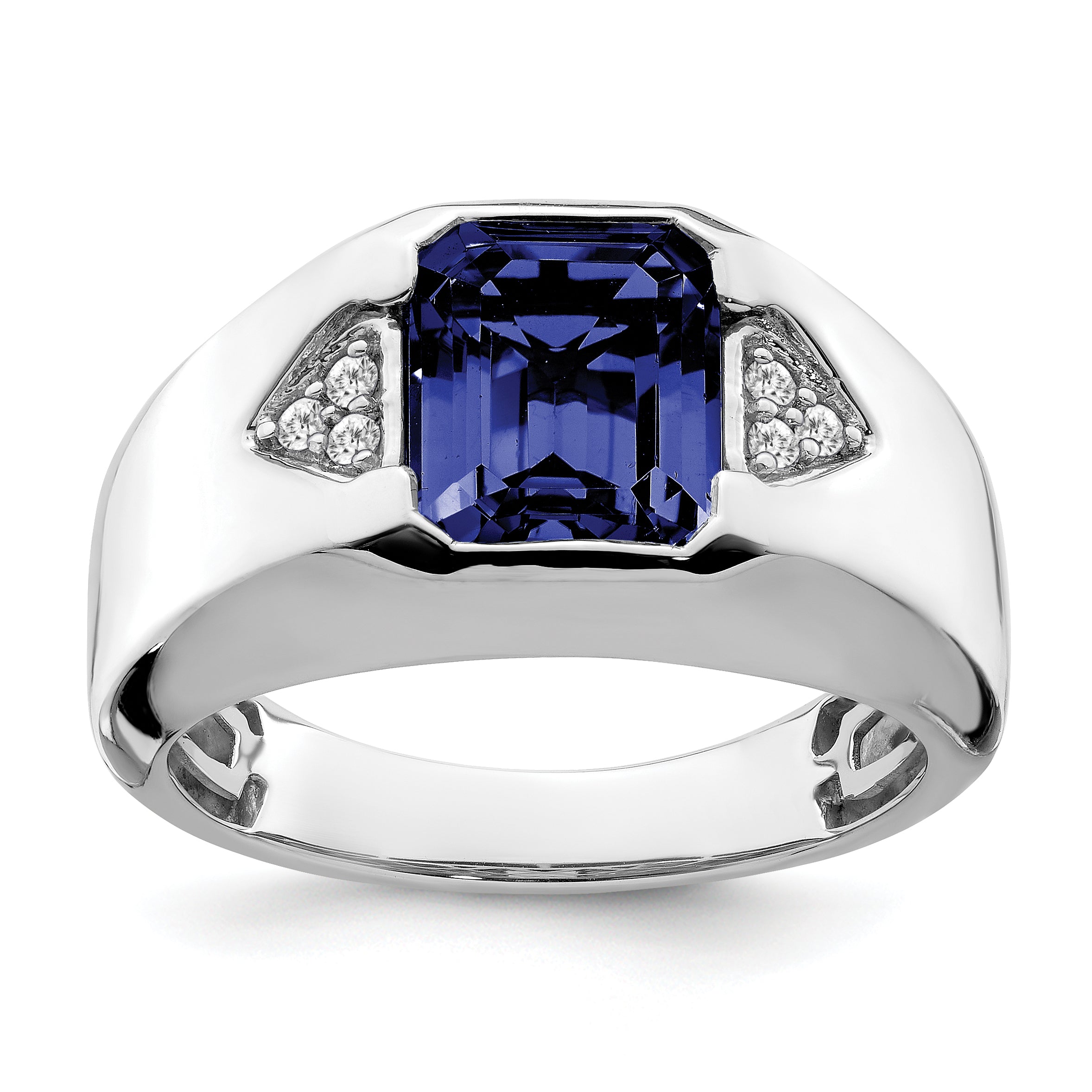 14k White Gold Emerald-cut Created Sapphire and Diamond Mens Ring Main image