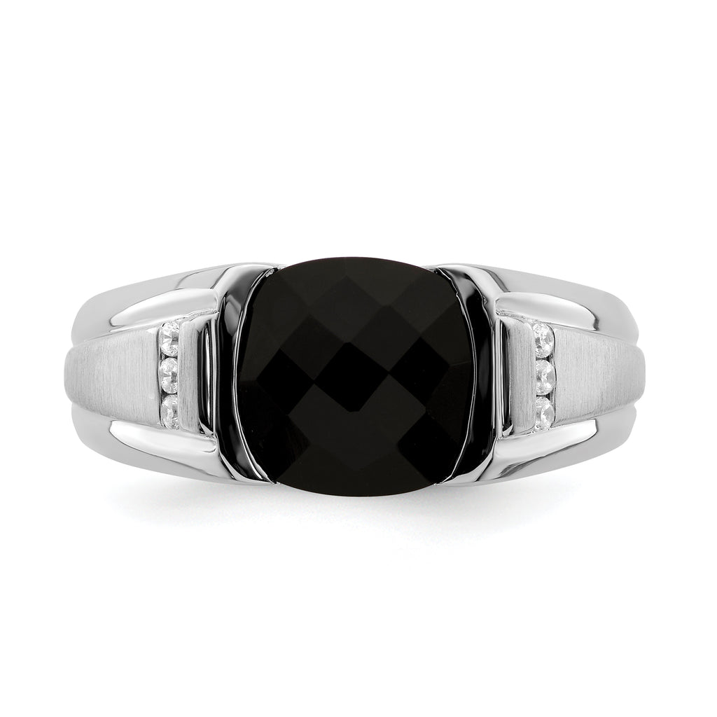 14k White Gold Onyx and Diamond Mens Ring