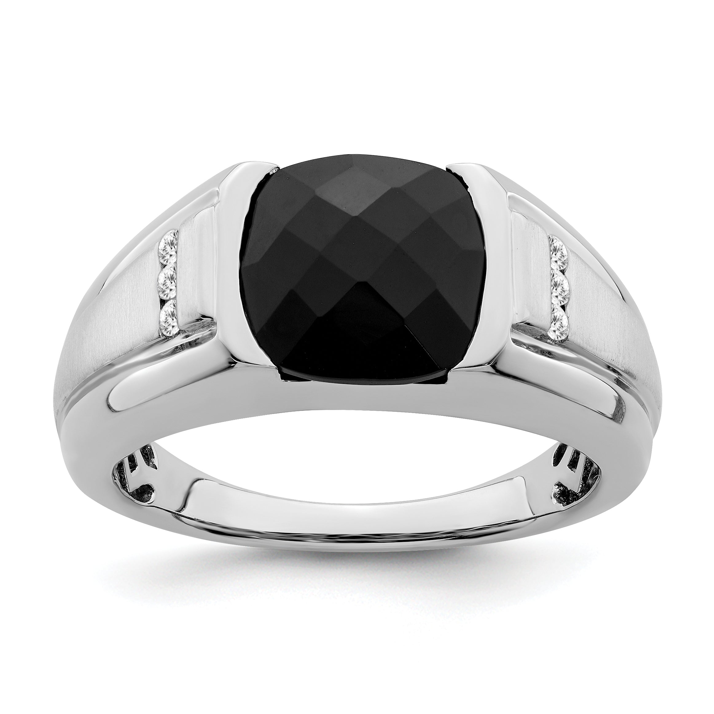 14k White Gold Onyx and Diamond Mens Ring Main image