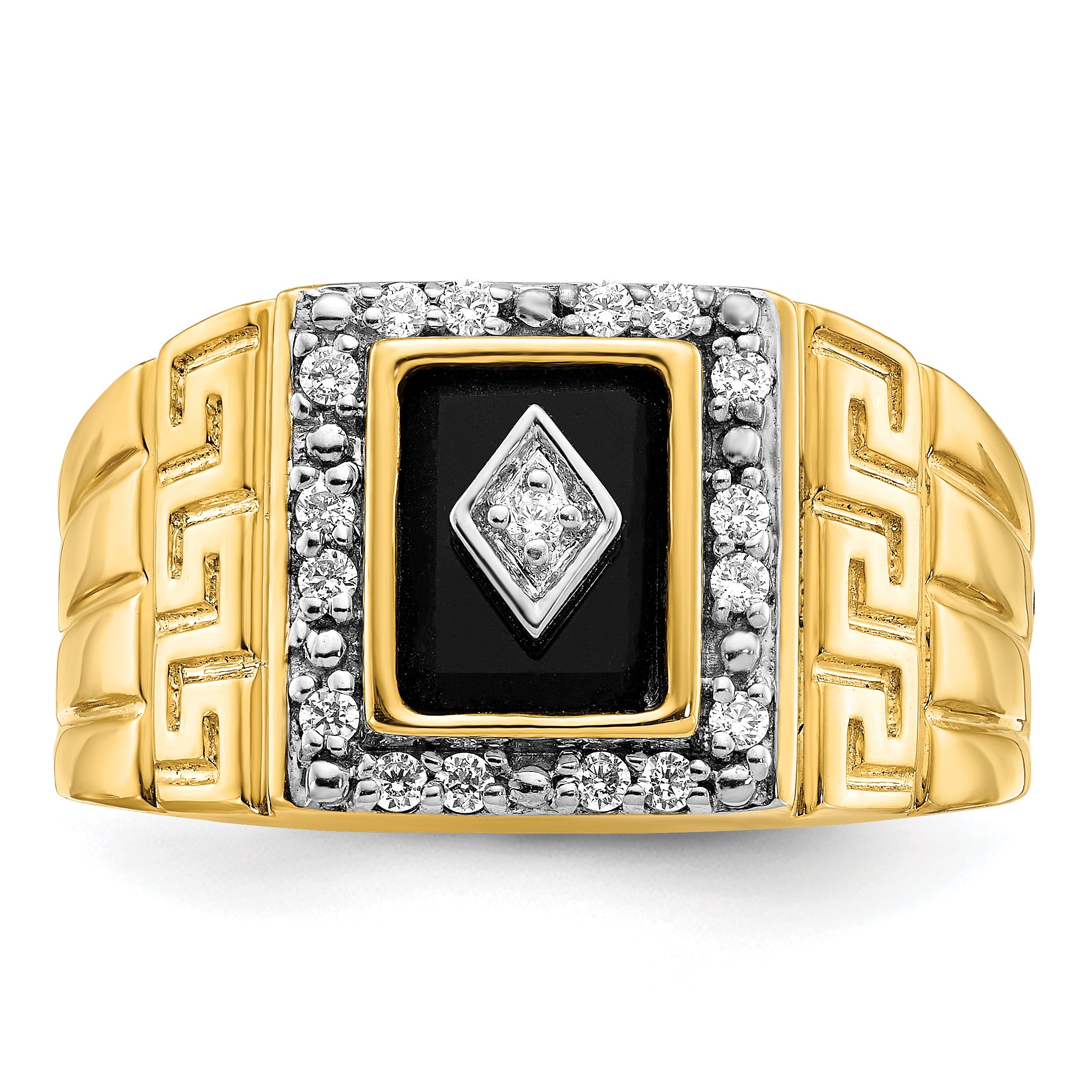 14k Onyx and Diamond Greek Key Design Mens Ring