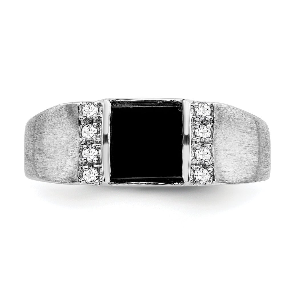 14k White Gold Square Onyx and Diamond Mens Ring