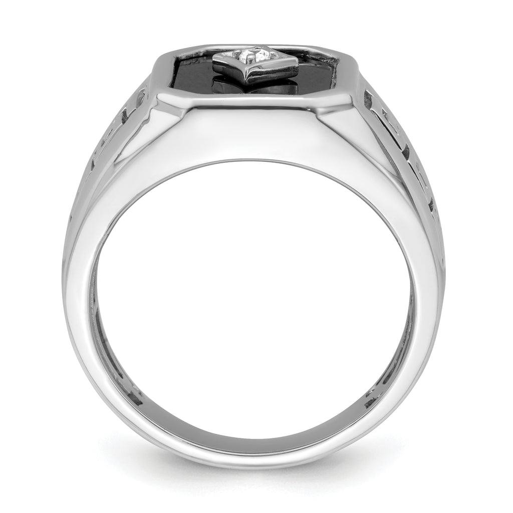 14k White Gold Onyx and Diamond Greek Key Design Mens Ring