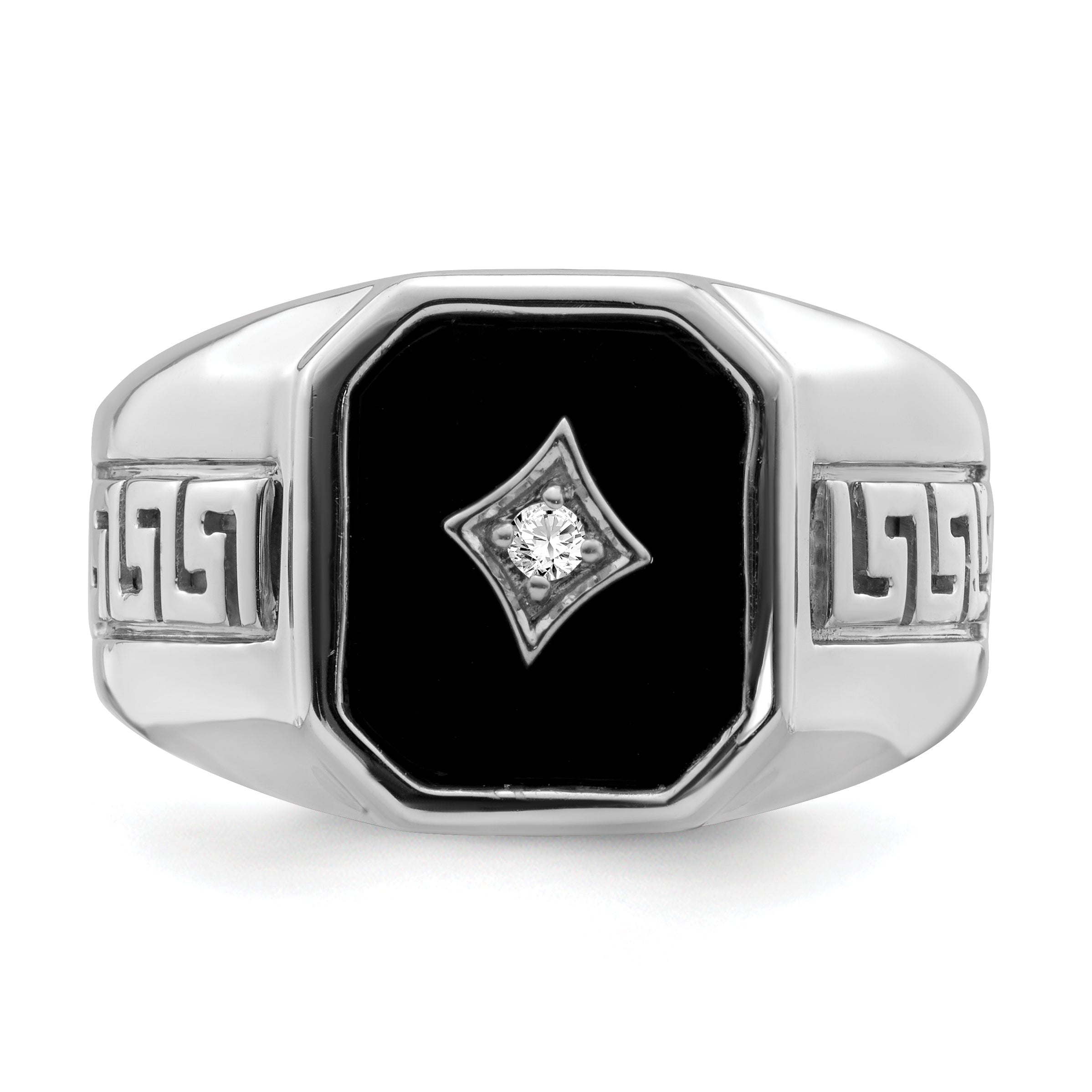 14k White Gold Onyx and Diamond Greek Key Design Mens Ring