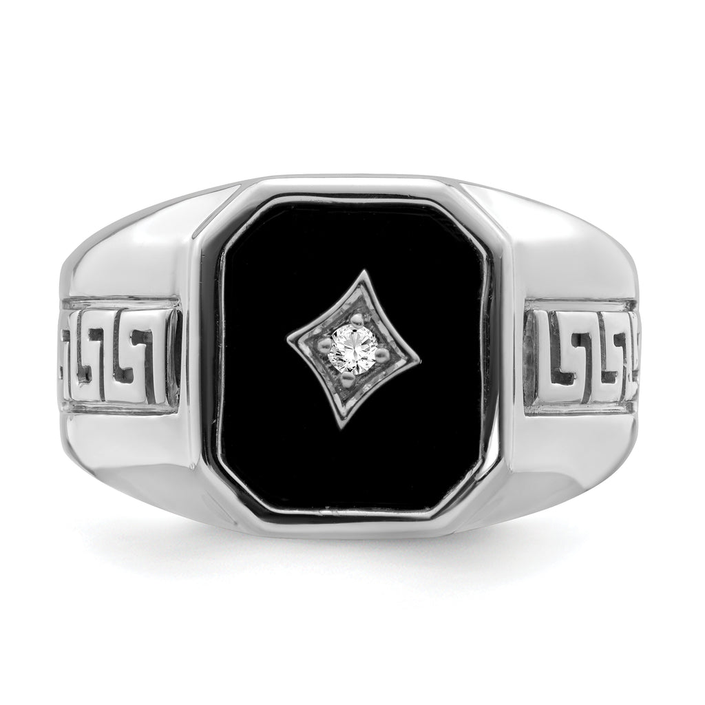 14k White Gold Onyx and Diamond Greek Key Design Mens Ring
