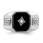 14k White Gold Onyx and Diamond Greek Key Design Mens Ring