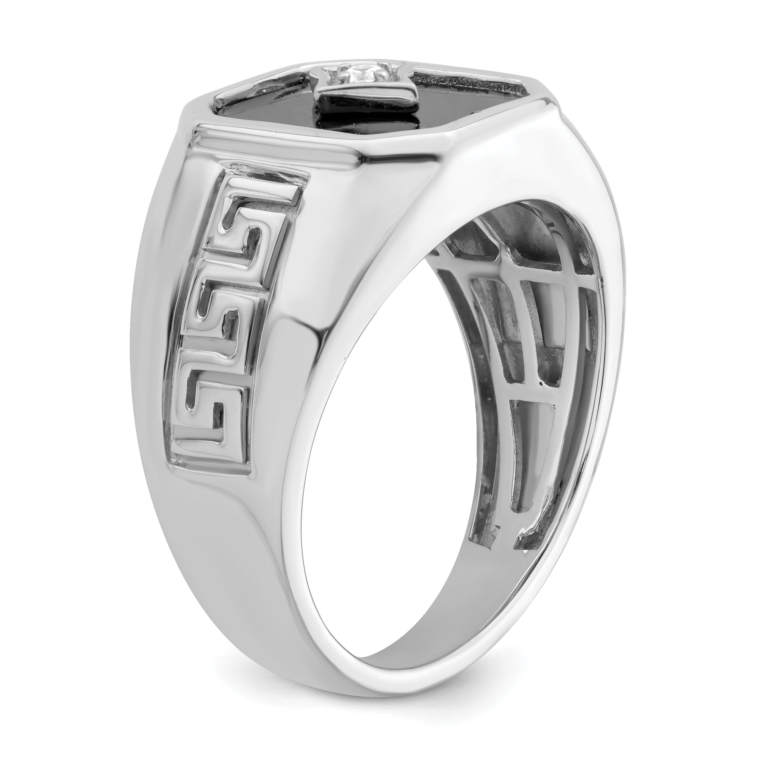 14k White Gold Onyx and Diamond Greek Key Design Mens Ring