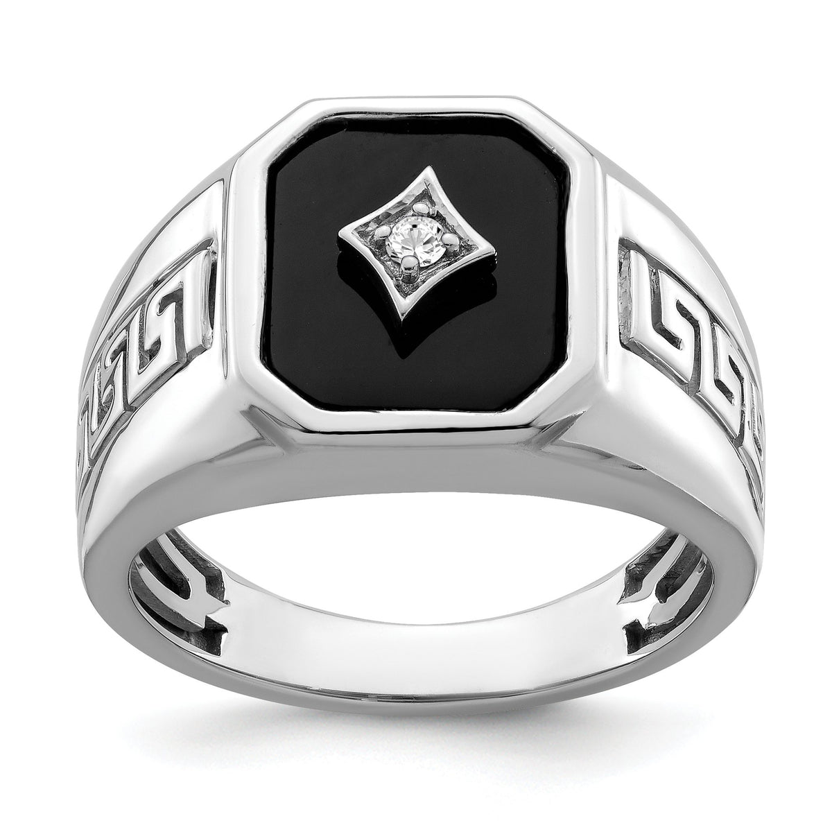 Men's Onyx & Diamond Greek Key Ring in 14K White Gold (0.04 ct. tw.), Size 10 - Sophia Jewelers Main image