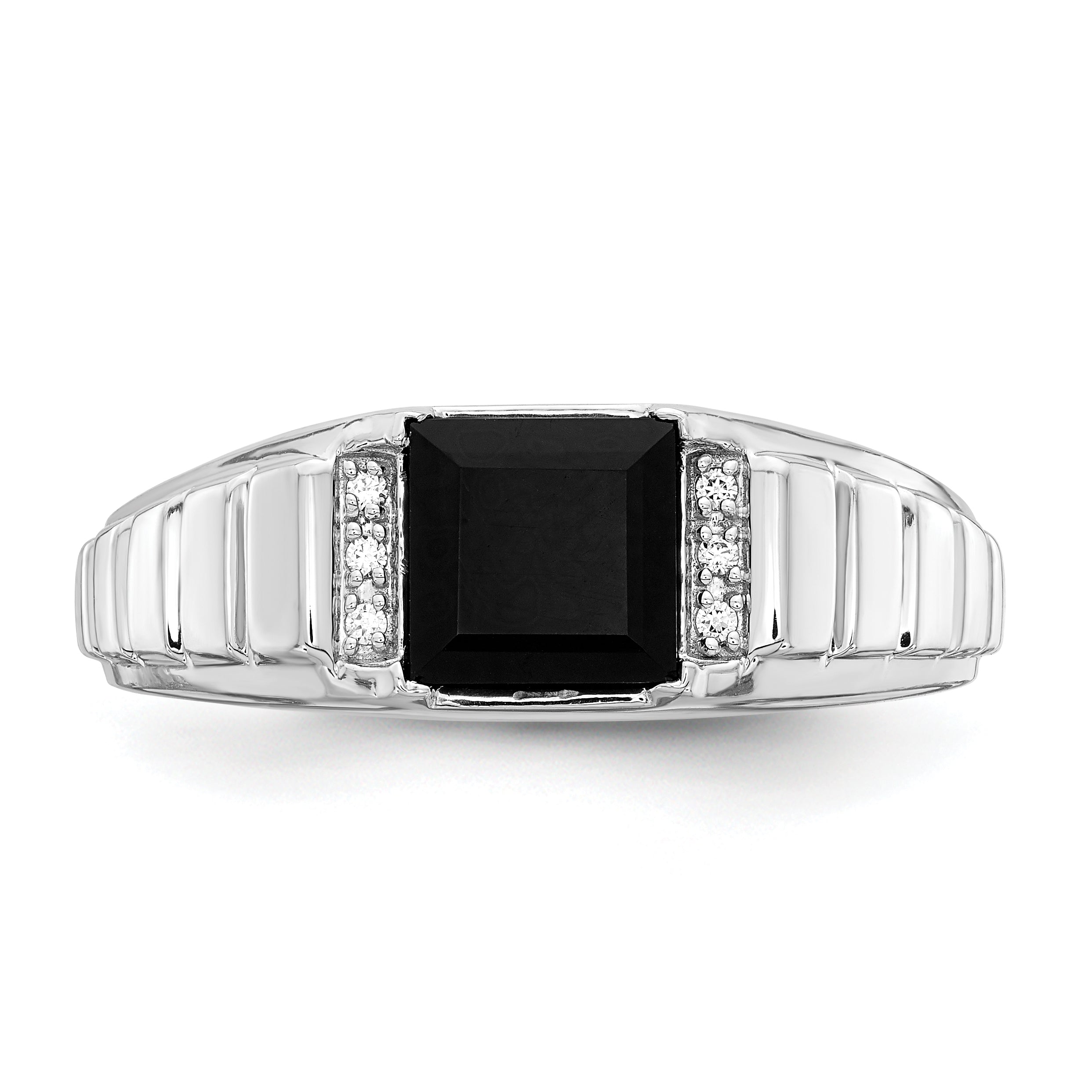 14k White Gold Square Onyx and Diamond Mens Ring