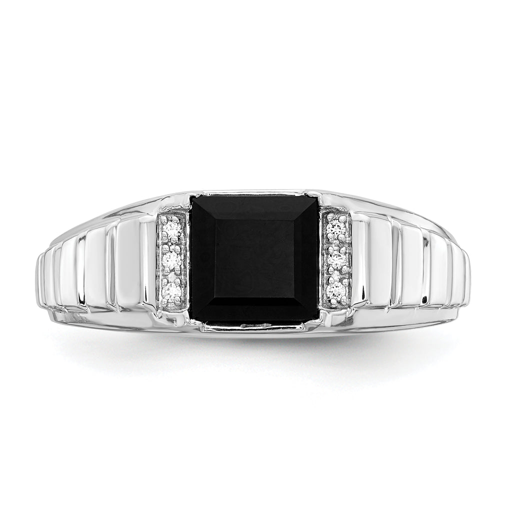 14k White Gold Square Onyx and Diamond Mens Ring