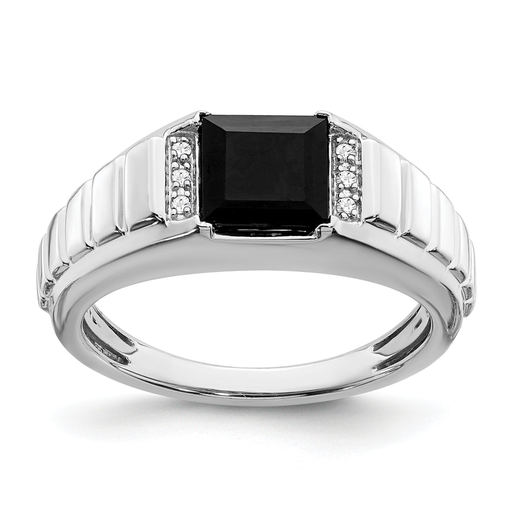 14k White Gold Square Onyx and Diamond Mens Ring