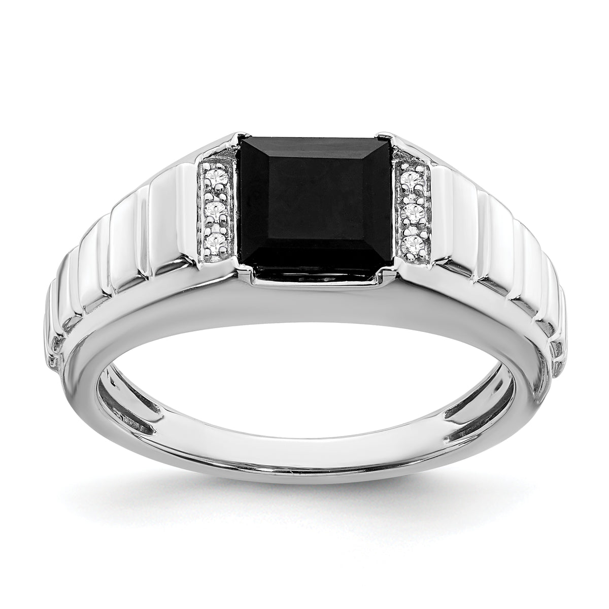 14k White Gold Square Onyx and Diamond Mens Ring