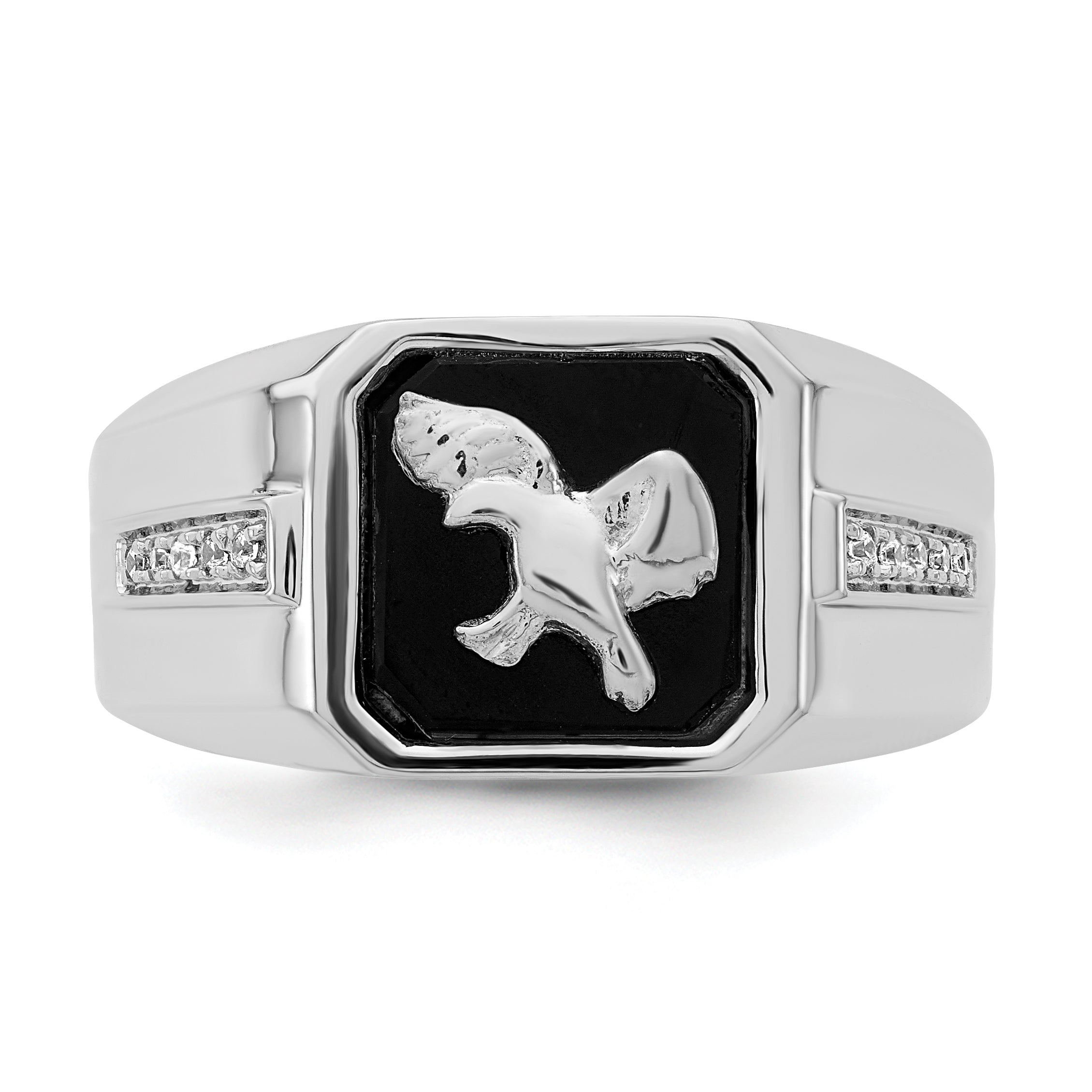 14k White Gold Onyx and Diamond Eagle Mens Ring