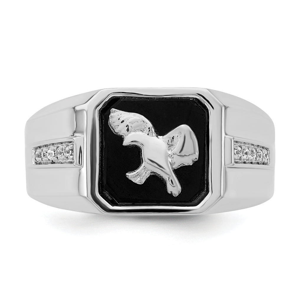 14k White Gold Onyx and Diamond Eagle Mens Ring