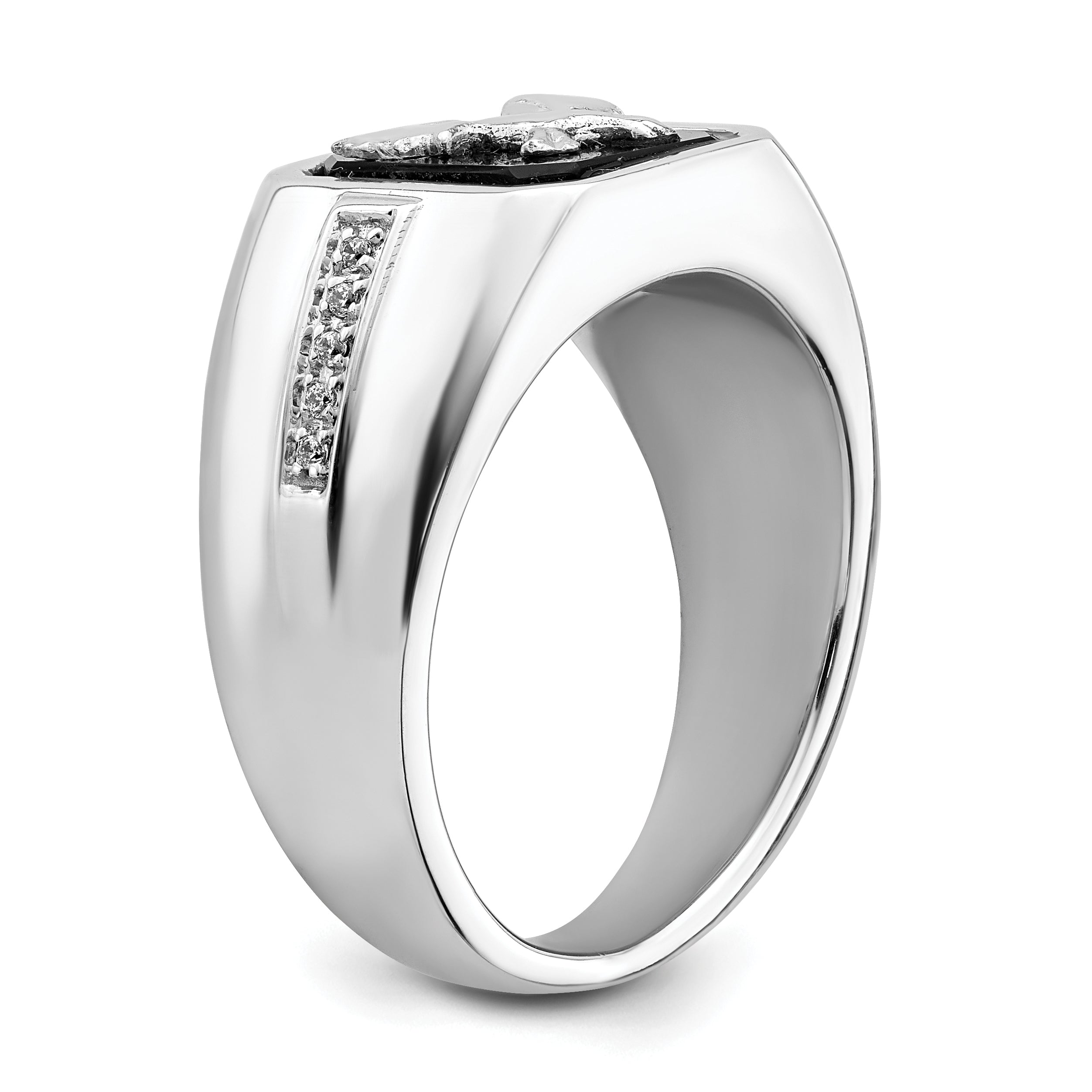 14k White Gold Onyx and Diamond Eagle Mens Ring