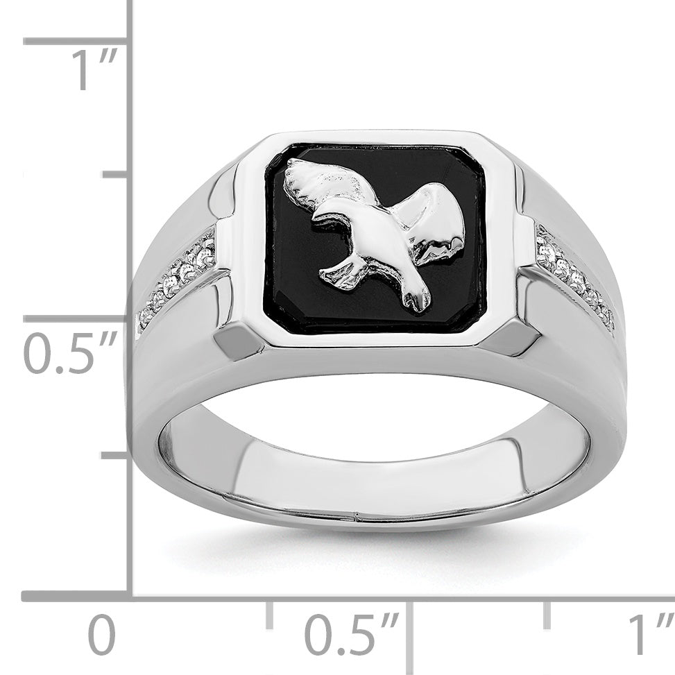 14k White Gold Onyx and Diamond Eagle Mens Ring