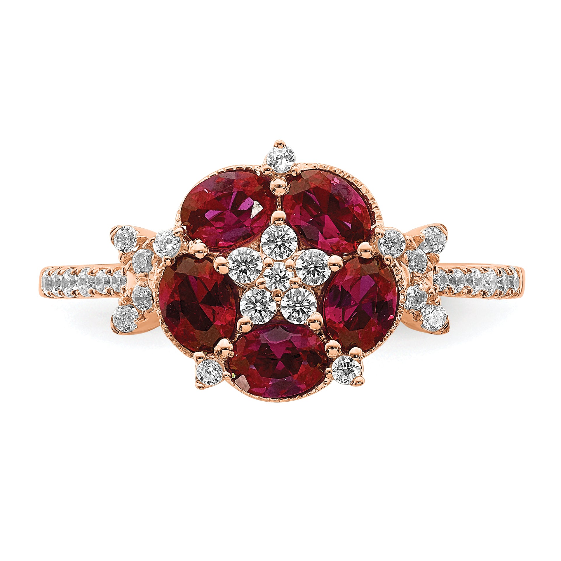14K Rose Gold Lab Grown Diamond VS/SI+ G+ Cr.Ruby Floral Ring