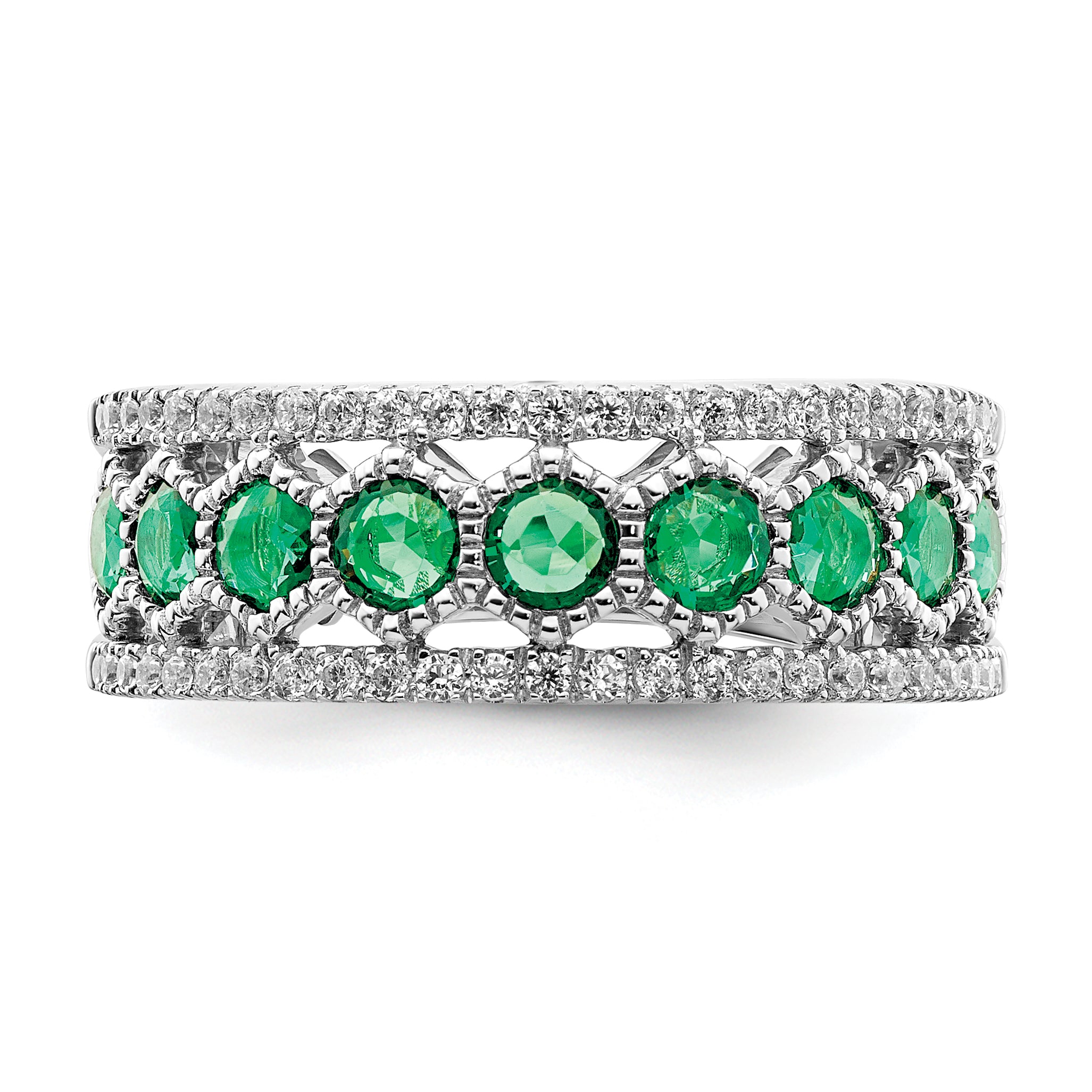 14k White Gold Polished Emerald and Diamond Ring