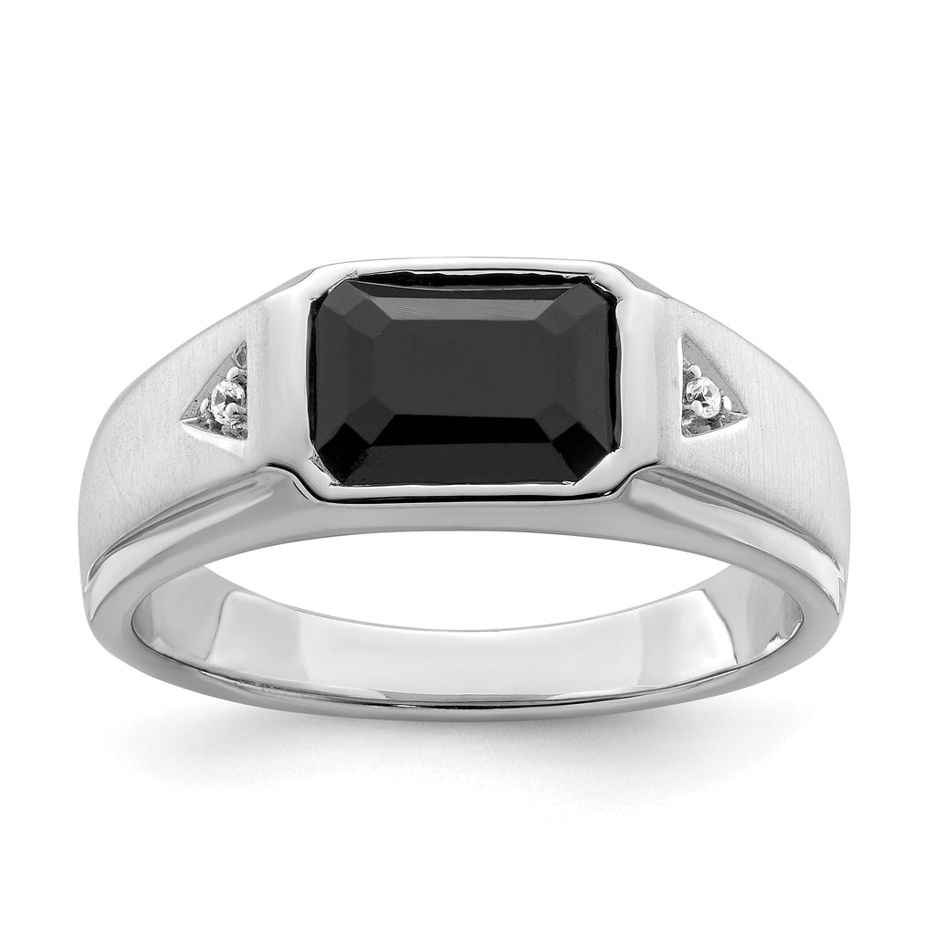 14k White Gold Polished & Satin Onyx & Diamond Mens Ring