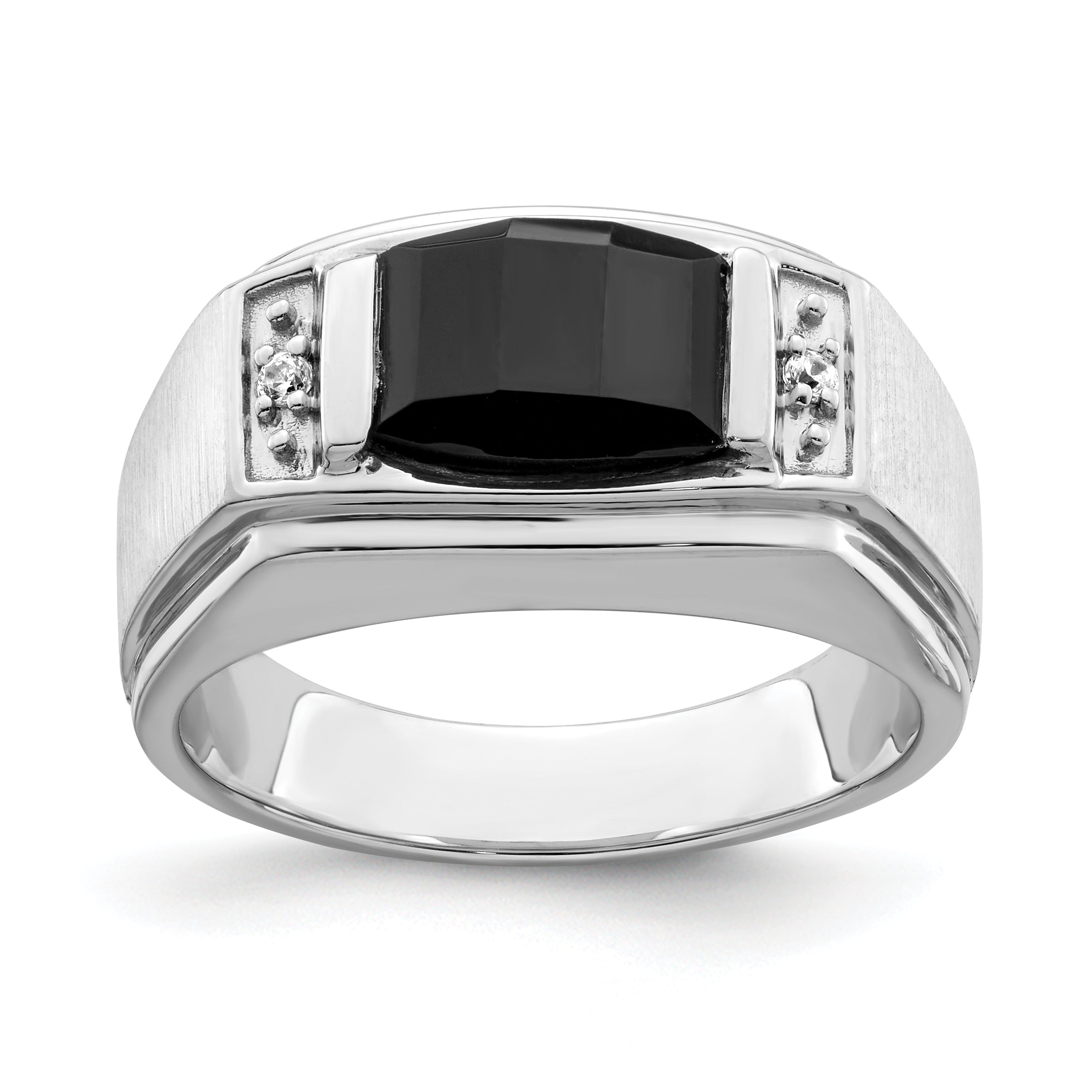 14k White Gold Polished & Satin Onyx & Diamond Mens Ring Main image