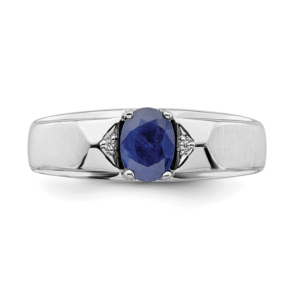14k White Polished & Satin Sapphire & Diamond Mens Ring