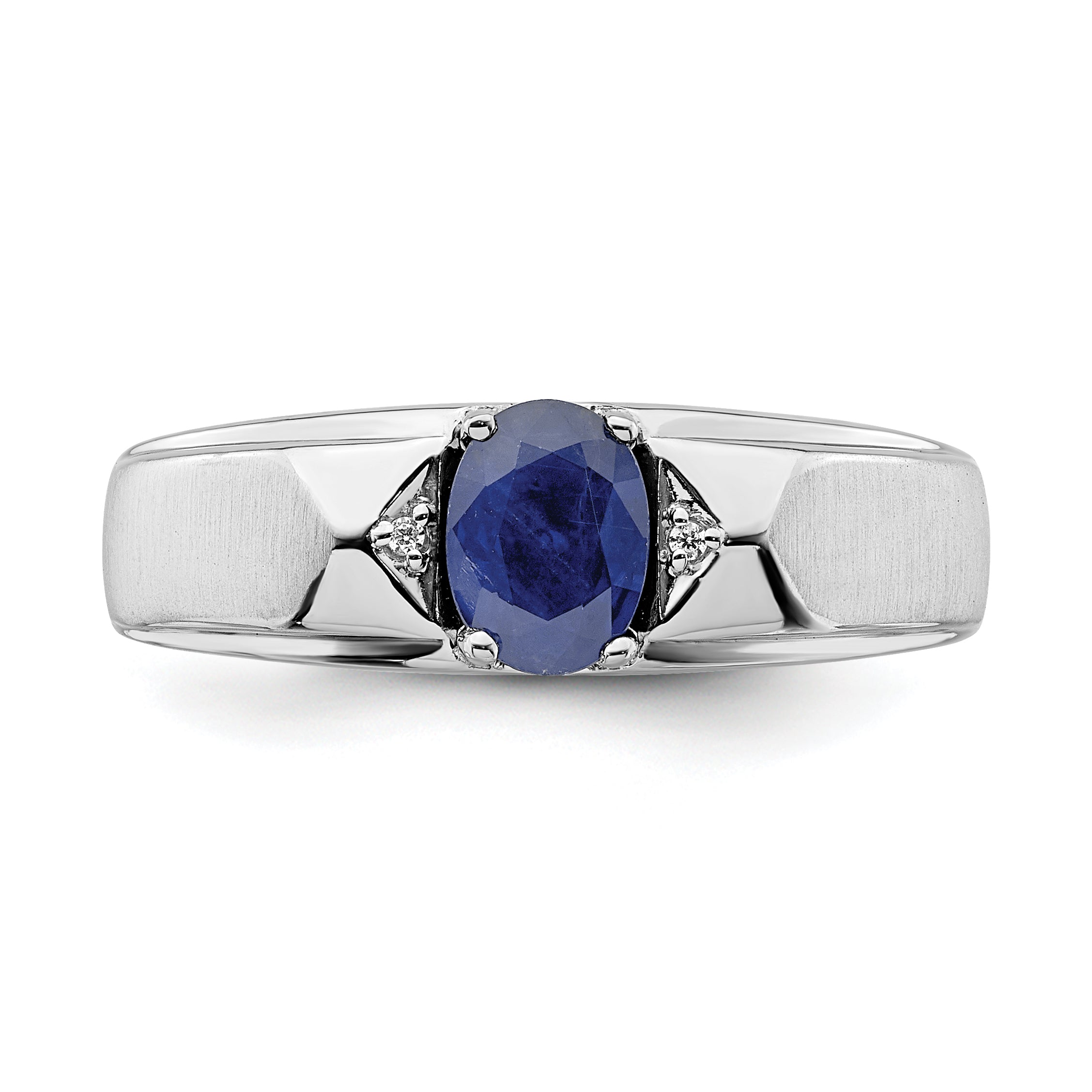14k White Polished & Satin Sapphire & Diamond Mens Ring