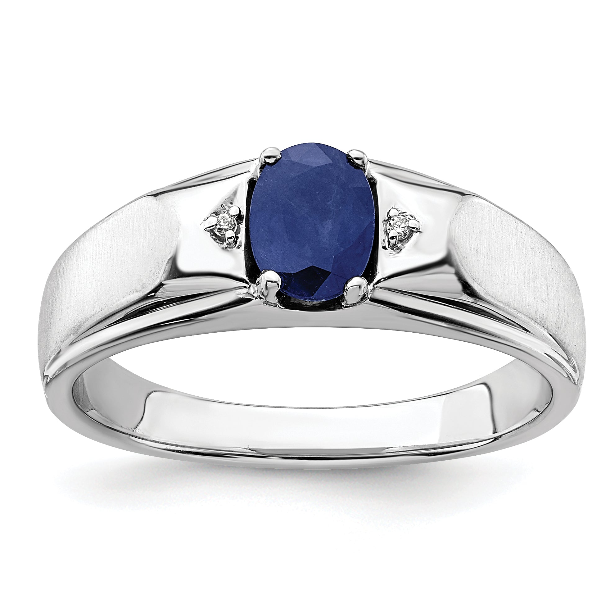 14k White Polished & Satin Sapphire & Diamond Mens Ring
