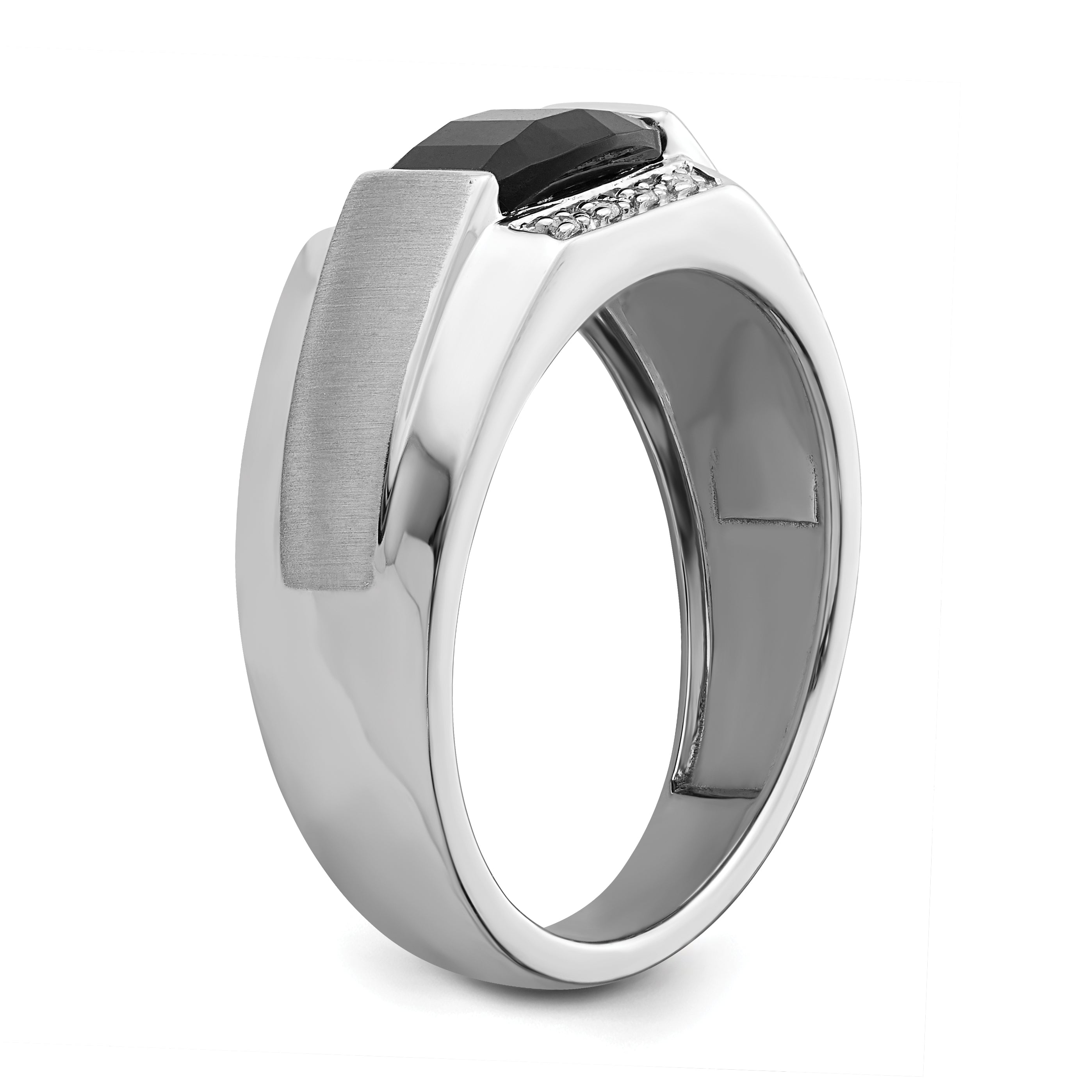 14k White Gold Polished & Satin Onyx & Diamond Mens Ring