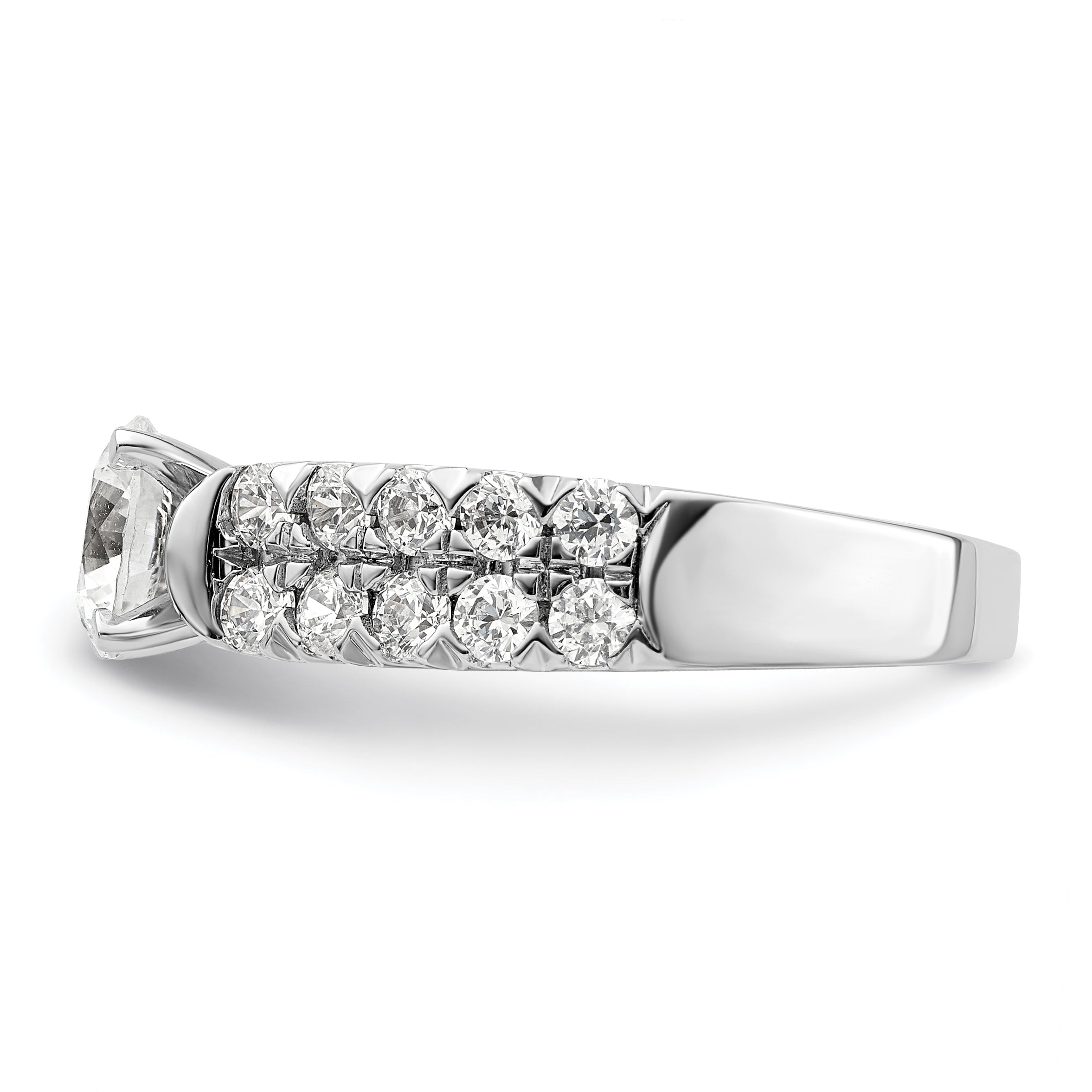 14k White Gold 1 1/10 carat Lab Grown Diamond VS/SI+ G+ 1 carat Center Round Semi Mount Shared Prong Engagement Ring