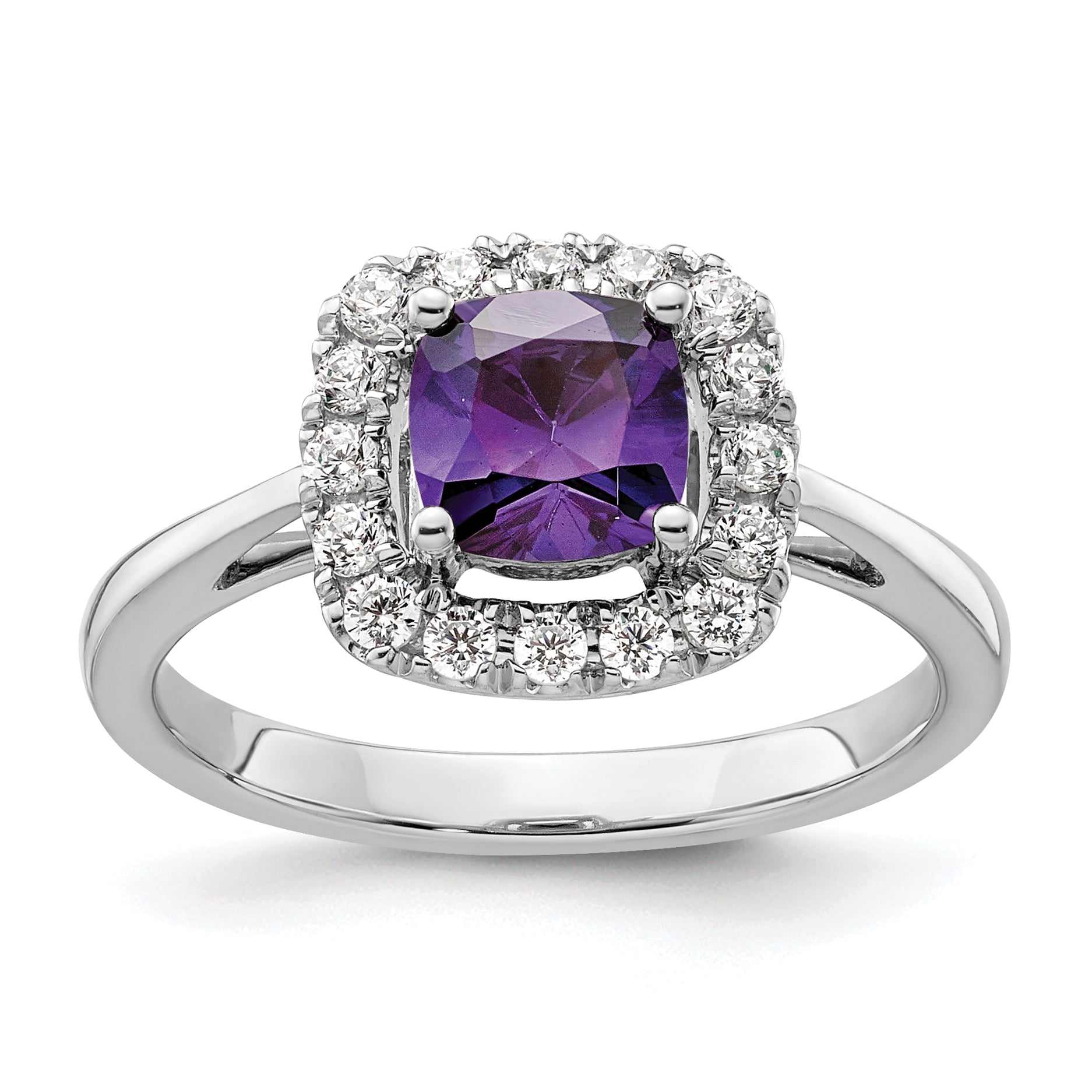 14k White Gold 1/4 carat Lab Grown Diamond VS/SI+ G+ February Birthstone Amethyst Halo Ring Main image