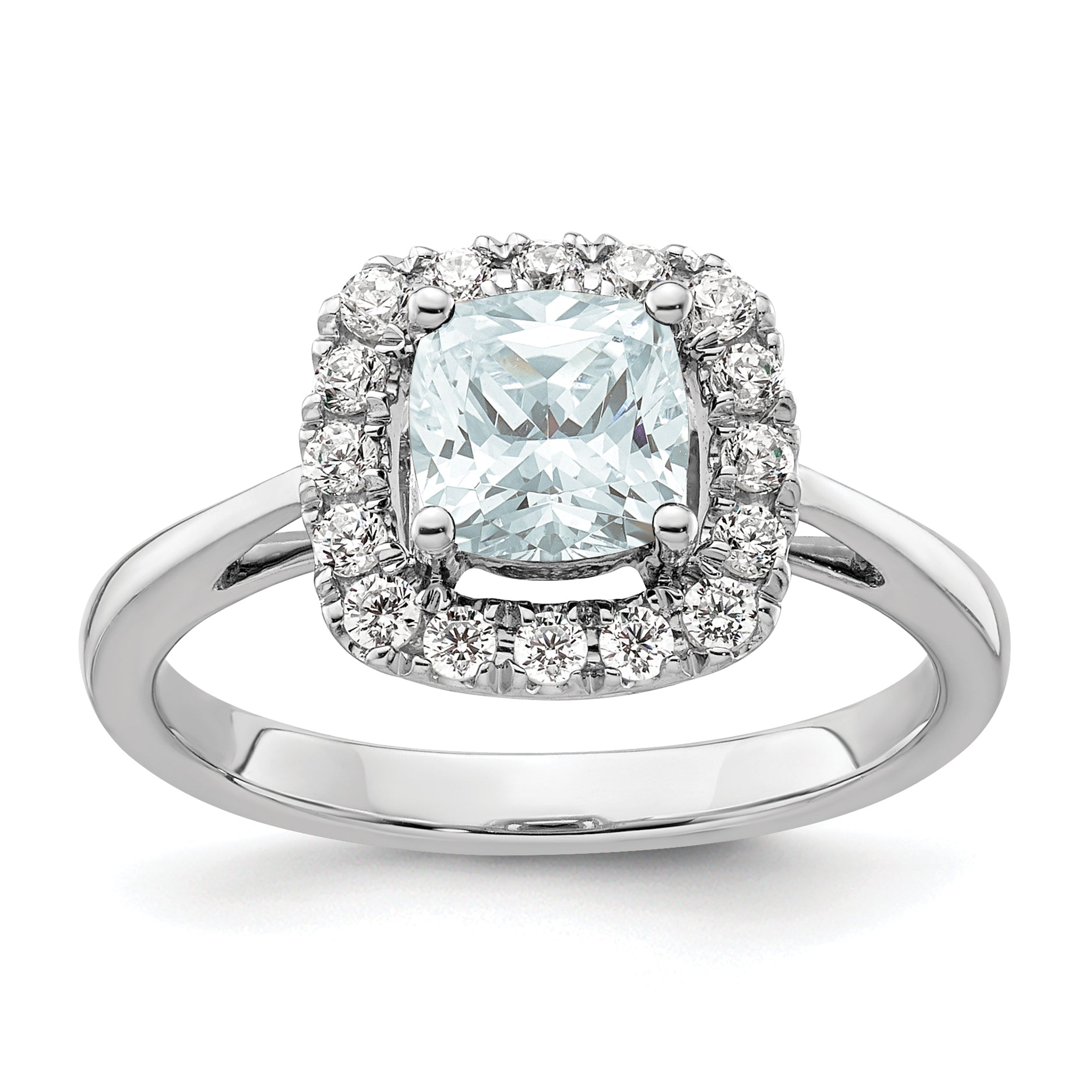 14k White Gold 1/4 carat Lab Grown Diamond VS/SI+ G+ March Birthstone Aquamarine Halo Ring Main image