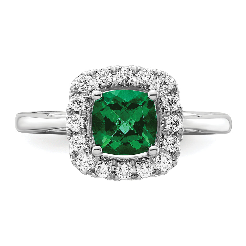 14k White Gold 1/4 carat Lab Grown Diamond VS/SI+ G+ May Birthstone Lab Created Emerald Halo Ring