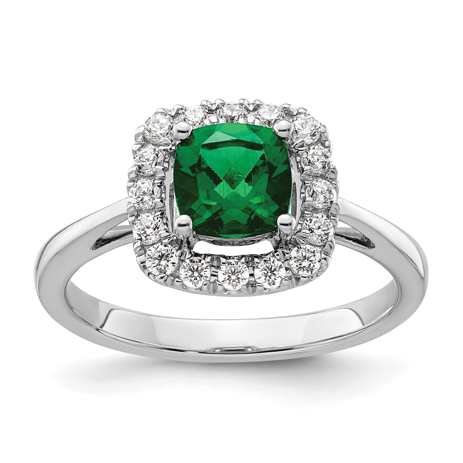 14k White Gold 1/4 carat Lab Grown Diamond VS/SI+ G+ May Birthstone Lab Created Emerald Halo Ring Main image