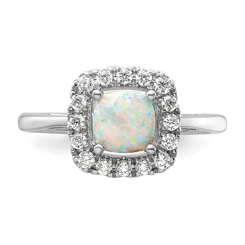 14k White Gold 1/4 carat Lab Grown Diamond VS/SI+ G+ October Birthstone Lab Created Opal Halo Ring