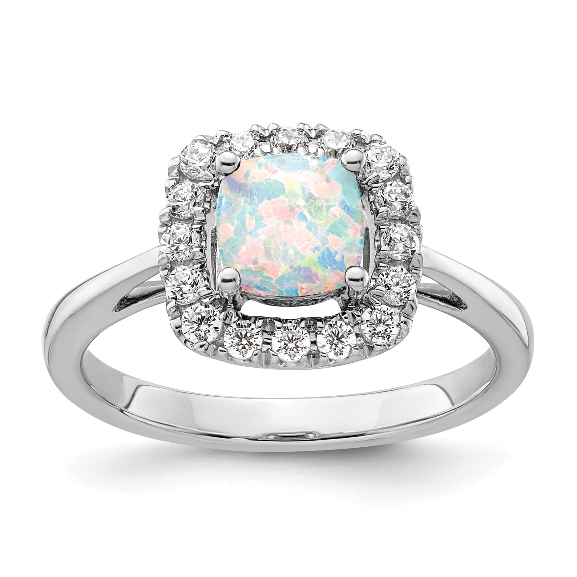 14k White Gold 1/4 carat Lab Grown Diamond VS/SI+ G+ October Birthstone Lab Created Opal Halo Ring Main image
