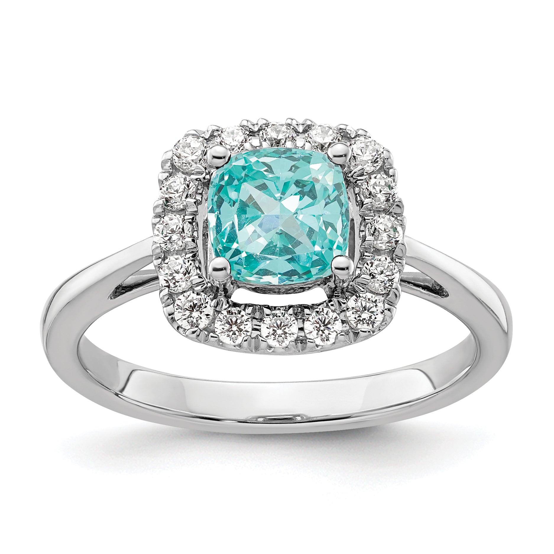 Pure Serenity 14k White Gold 1/4 carat Lab Grown Diamond VS/SI+ G+ and Halo Lab Created Paraiba Ring Main image