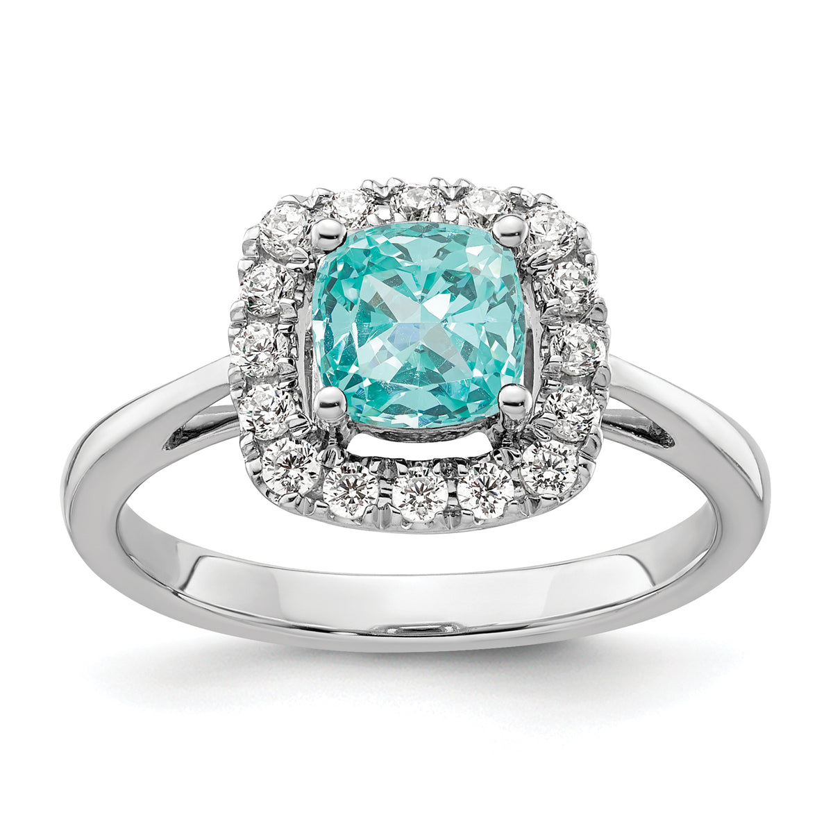 Pure Serenity 14k White Gold 1/4 carat Lab Grown Diamond VS/SI+ G+ and Halo Lab Created Paraiba Ring