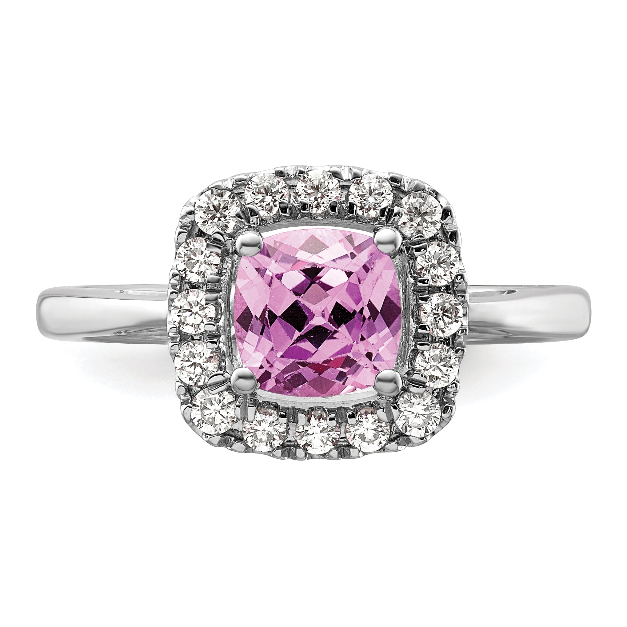 14k White Gold 1/4 carat Lab Grown Diamond VS/SI+ G+ October Birthstone Lab Created Pink Sapphire Halo Ring