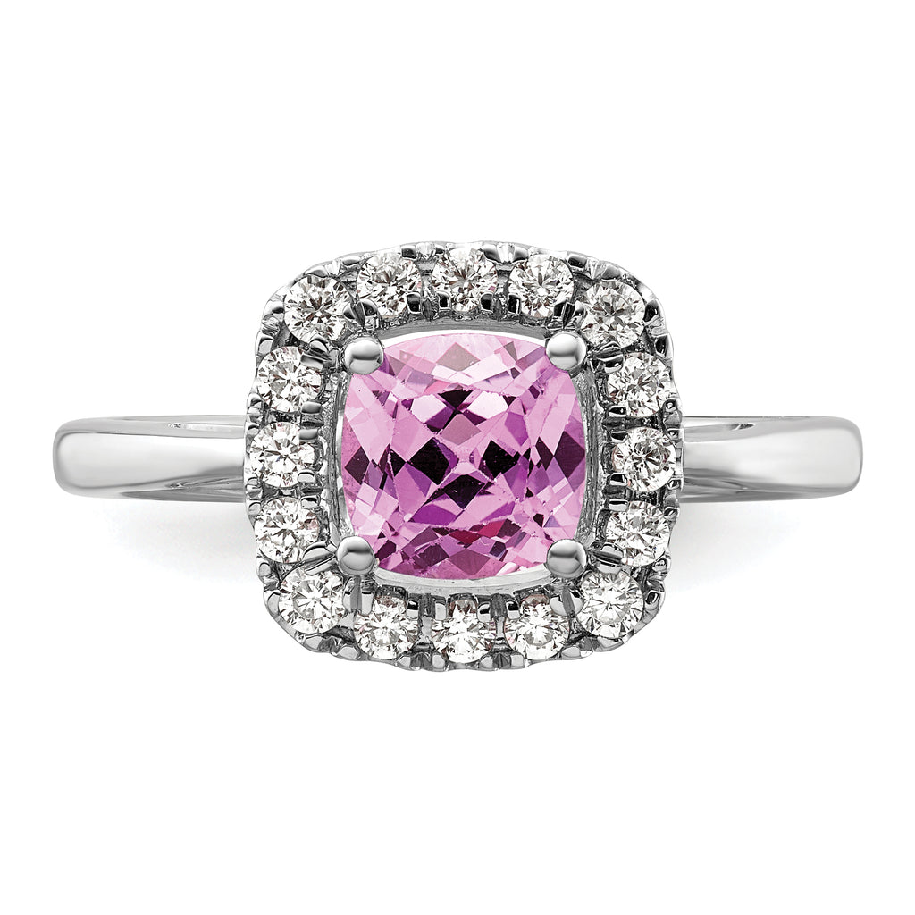 14k White Gold 1/4 carat Lab Grown Diamond VS/SI+ G+ October Birthstone Lab Created Pink Sapphire Halo Ring