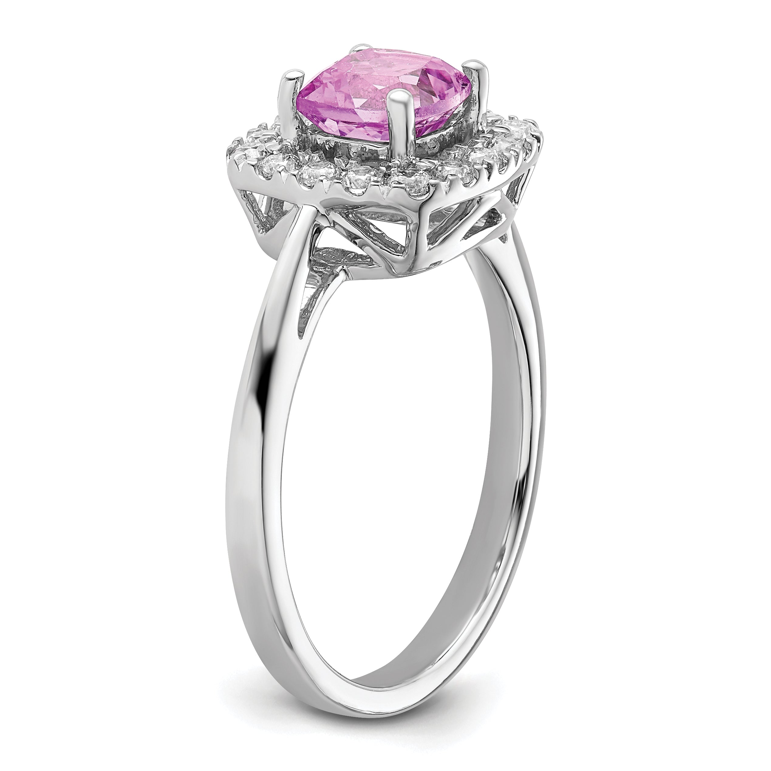 14k White Gold 1/4 carat Lab Grown Diamond VS/SI+ G+ October Birthstone Lab Created Pink Sapphire Halo Ring