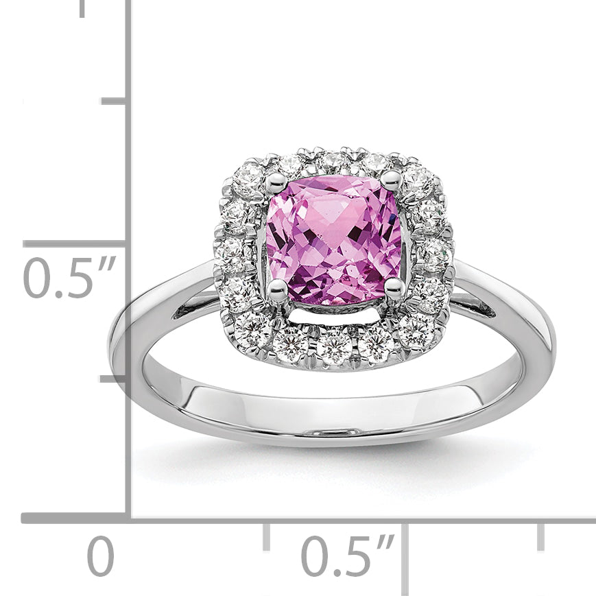 14k White Gold 1/4 carat Lab Grown Diamond VS/SI+ G+ October Birthstone Lab Created Pink Sapphire Halo Ring
