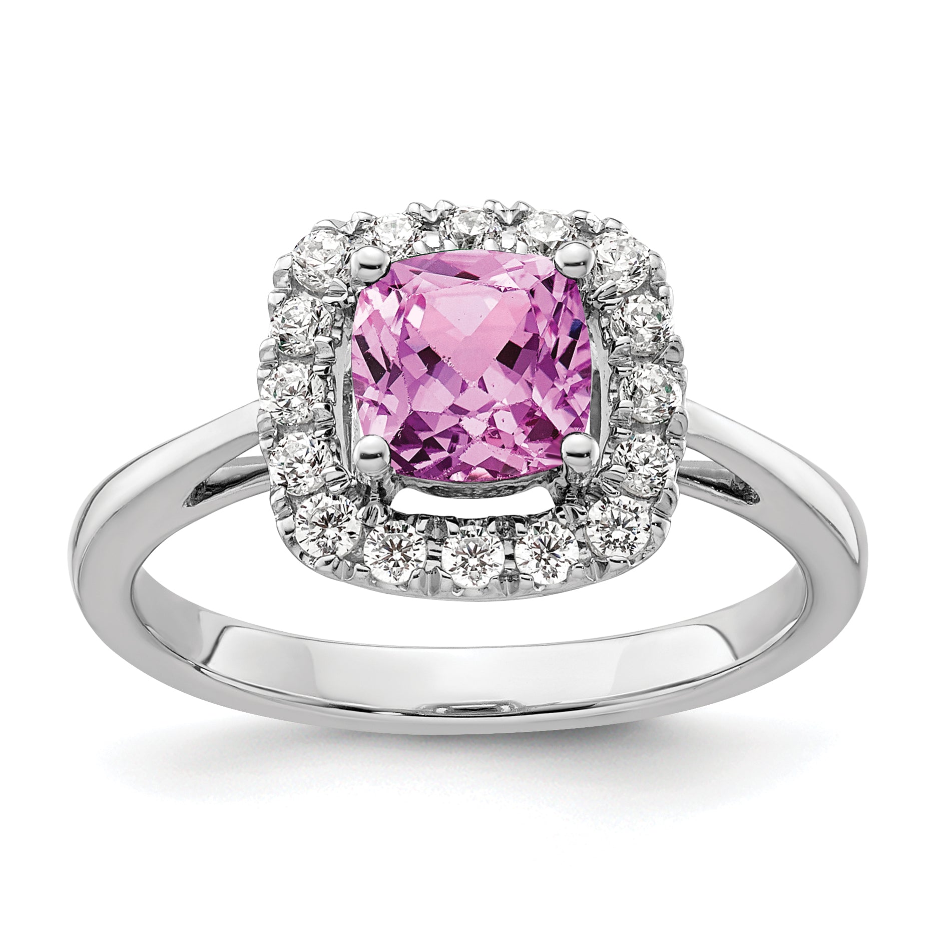 14k White Gold 1/4 carat Lab Grown Diamond VS/SI+ G+ October Birthstone Lab Created Pink Sapphire Halo Ring Main image