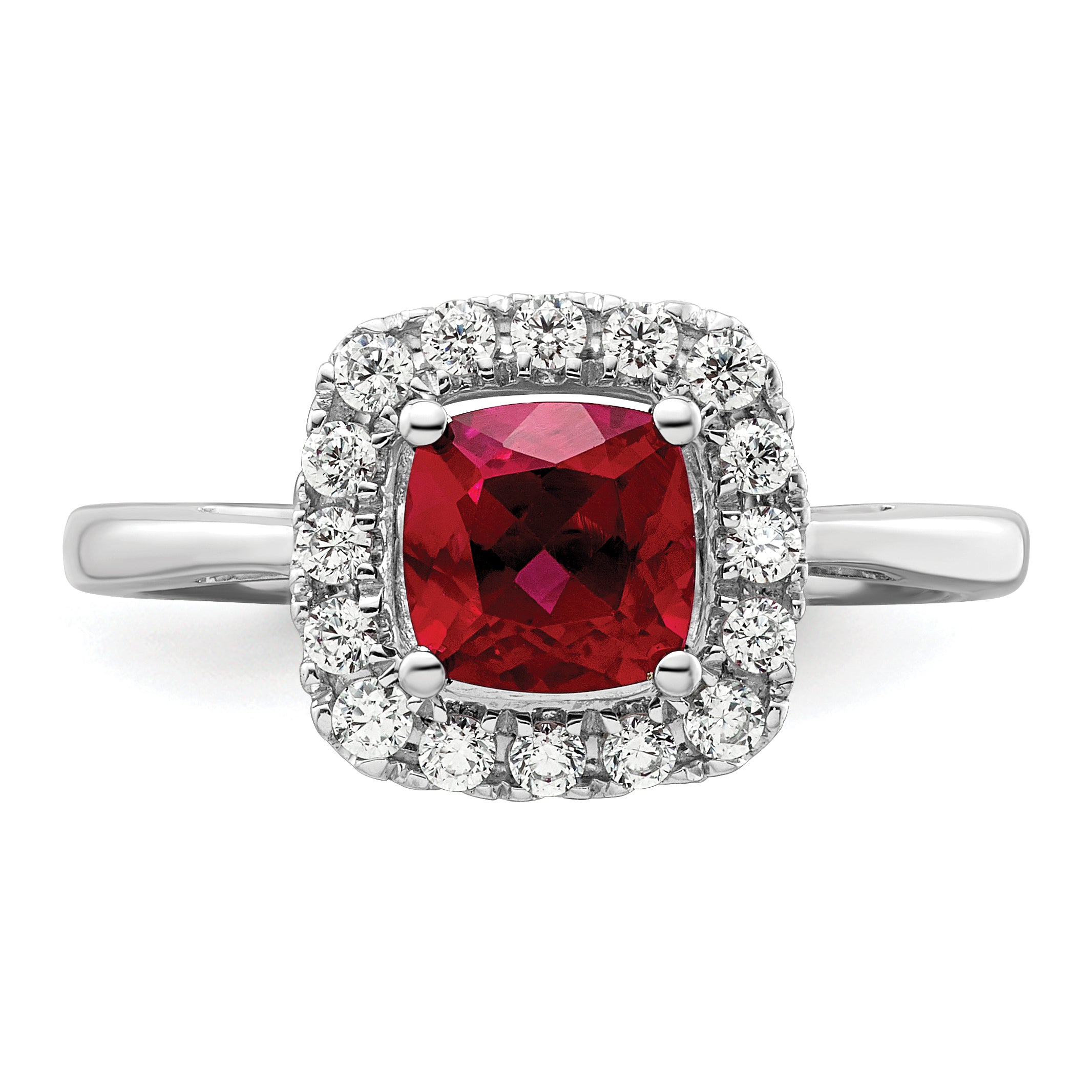 14k White Gold 1/4 carat Lab Grown Diamond VS/SI+ G+ July Birthstone Lab Created Ruby Halo Ring