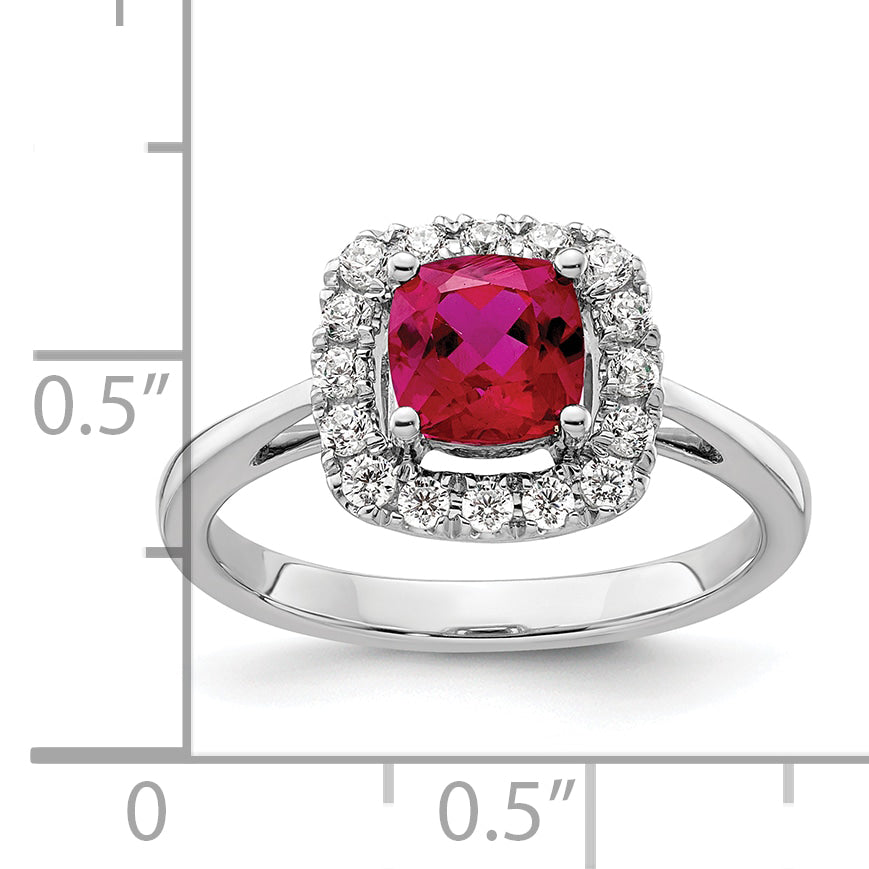 14k White Gold 1/4 carat Lab Grown Diamond VS/SI+ G+ July Birthstone Lab Created Ruby Halo Ring