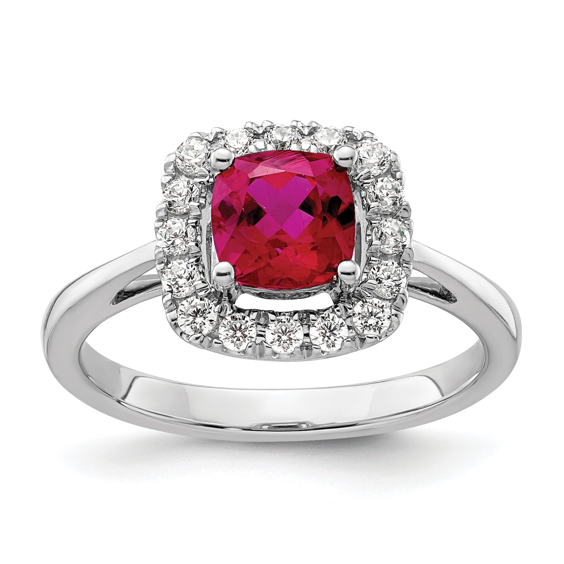 14k White Gold 1/4 carat Lab Grown Diamond VS/SI+ G+ July Birthstone Lab Created Ruby Halo Ring Main image
