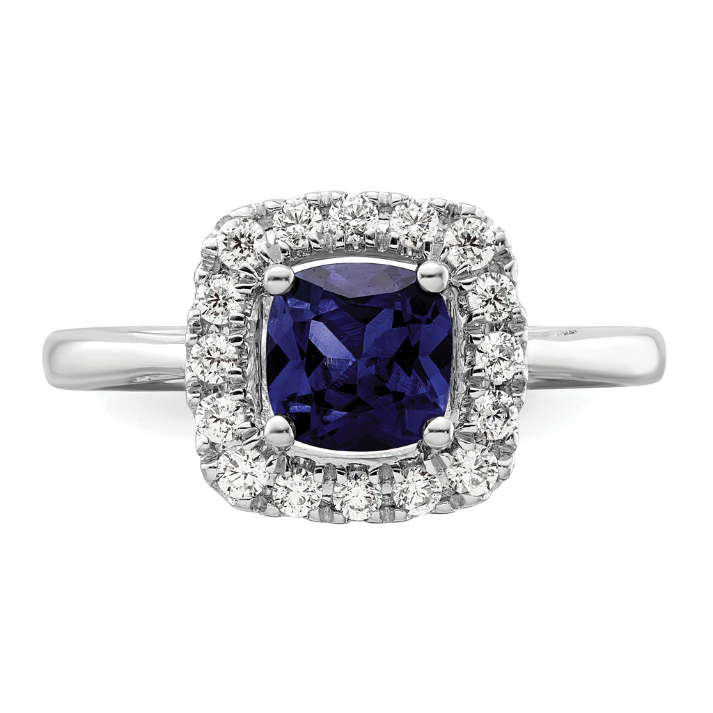 14k White Gold 1/4 carat Lab Grown Diamond VS/SI+ G+ September Birthstone Lab Created Blue Sapphire Halo Ring