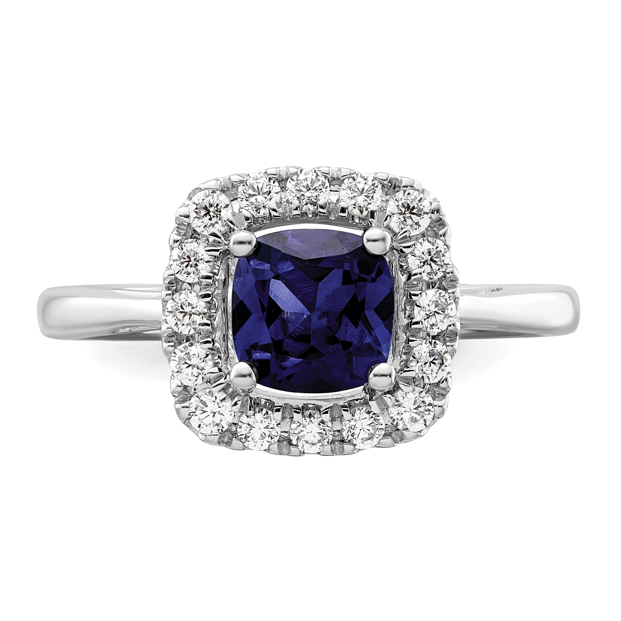 14k White Gold 1/4 carat Lab Grown Diamond VS/SI+ G+ September Birthstone Lab Created Blue Sapphire Halo Ring