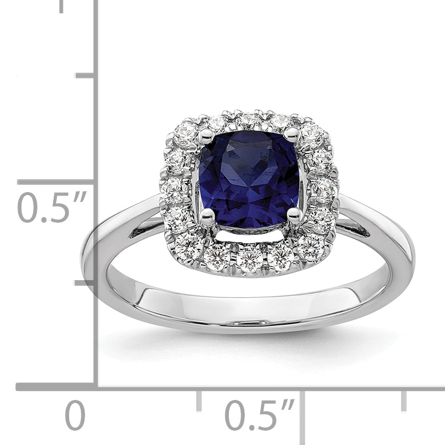 14k White Gold 1/4 carat Lab Grown Diamond VS/SI+ G+ September Birthstone Lab Created Blue Sapphire Halo Ring