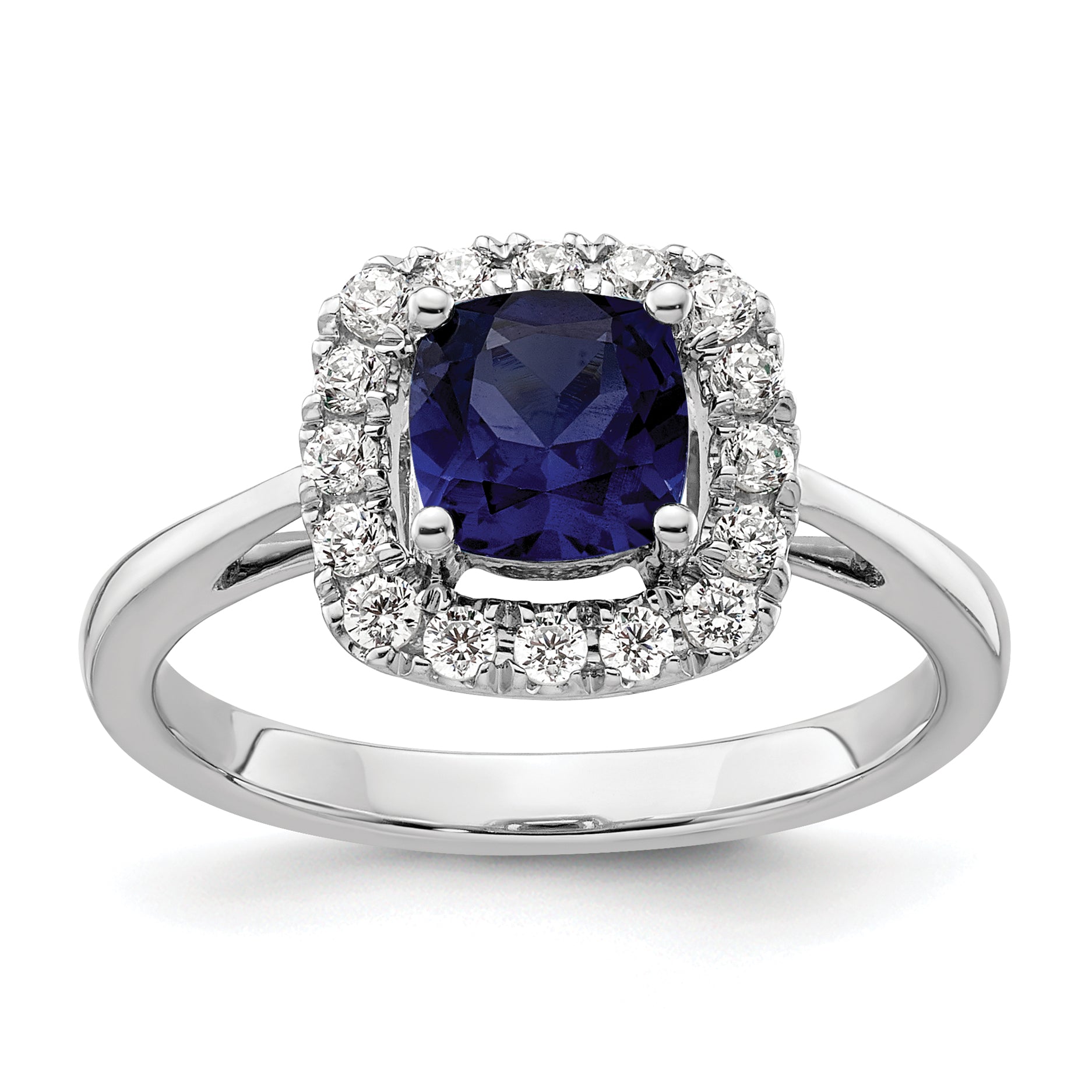 14k White Gold 1/4 carat Lab Grown Diamond VS/SI+ G+ September Birthstone Lab Created Blue Sapphire Halo Ring