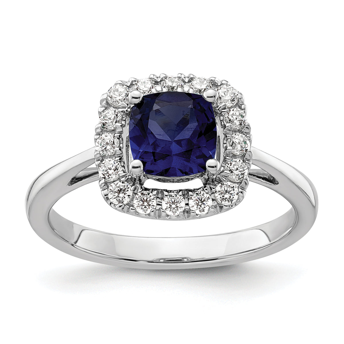 14k White Gold 1/4 carat Lab Grown Diamond VS/SI+ G+ September Birthstone Lab Created Blue Sapphire Halo Ring