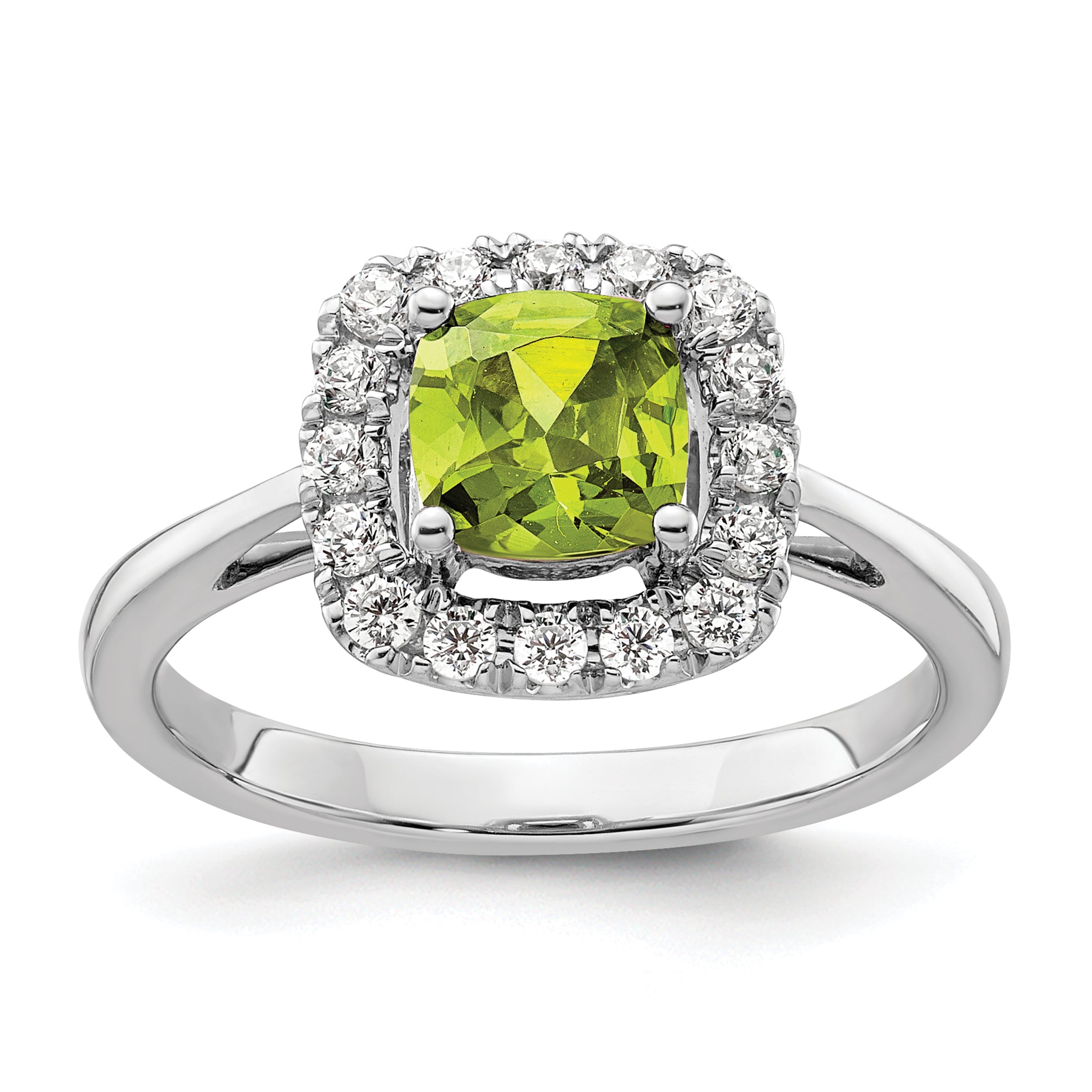 14k White Gold 1/4 carat Lab Grown Diamond VS/SI+ G+ August Birthstone Peridot Halo Ring Main image
